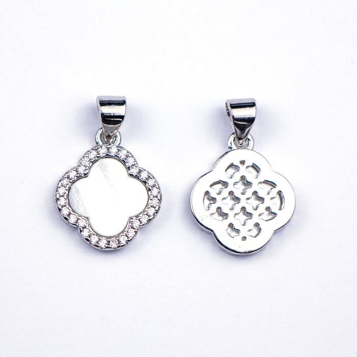 18mm Quatrefoil, Mother of Pearl and Cubic Zirconia Charm - Silver Plated