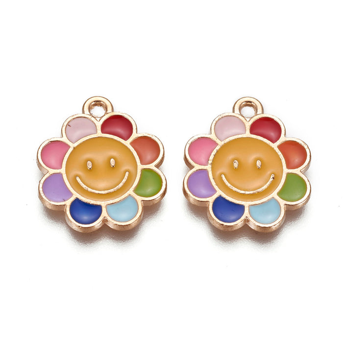 16mm x 19mm Rainbow Smiley Flower Charm - Enamel and Base Metal