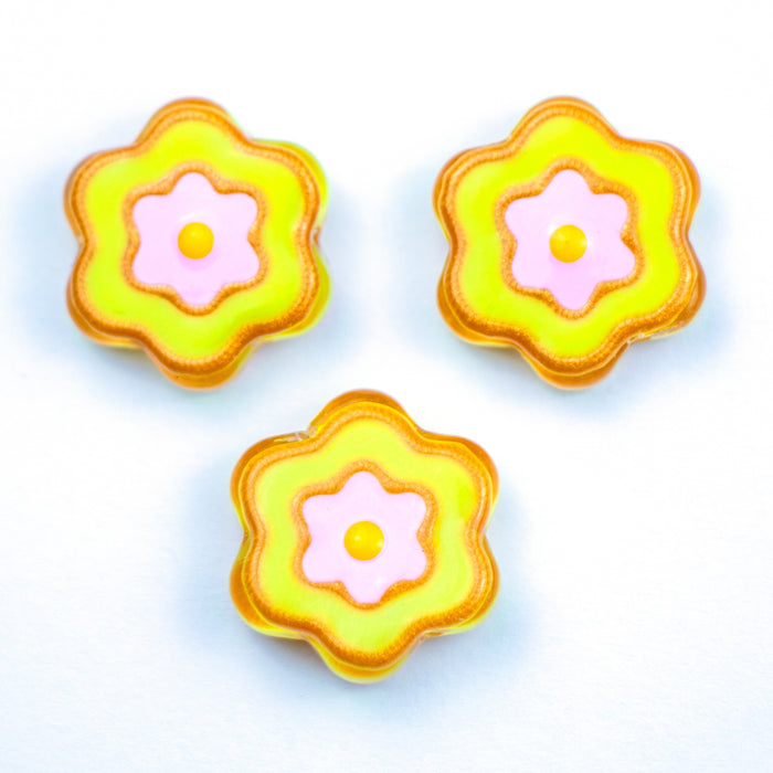 19mm Lampwork and Enamel Flower Beads - Yellow***